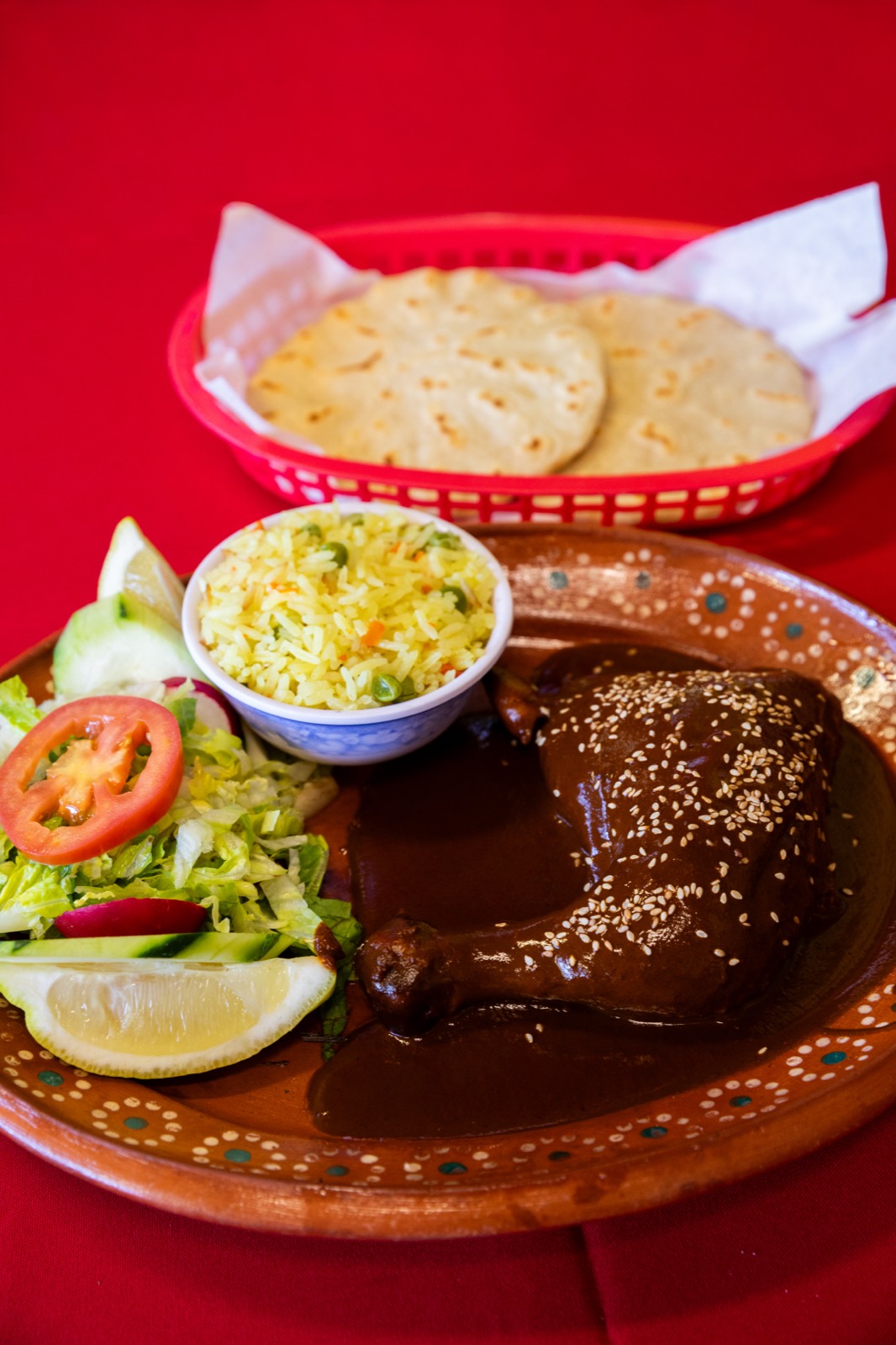 Pollo con Mole, chicken in traditional mole sauce