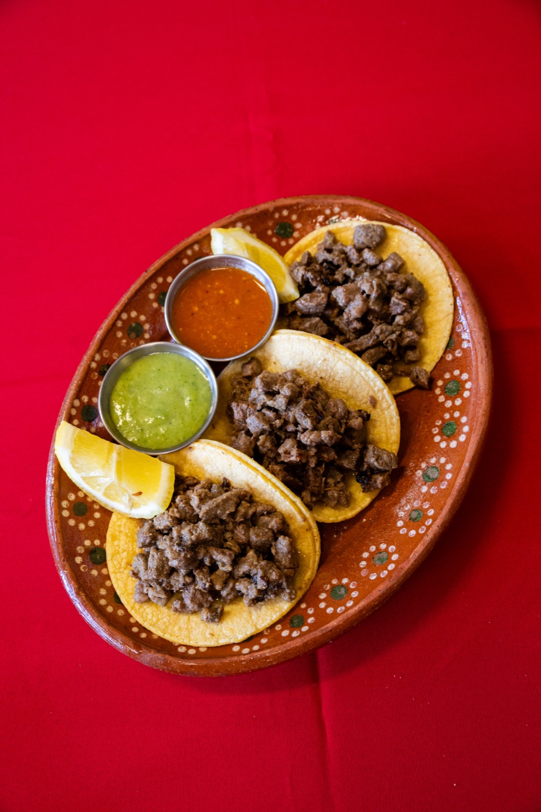 Tacos with red and green salsa